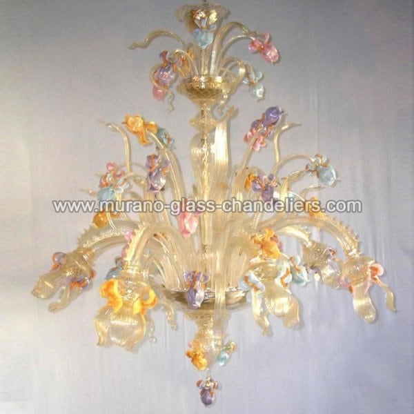 【MURANO GLASS CHANDELIERS】イタリア・ヴェネチアンガラスシャンデリア6灯「IRIS DORATO」（W850×H1100mm）