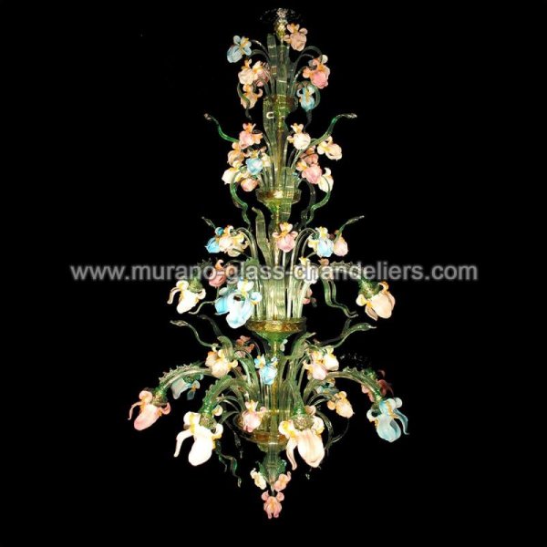 【MURANO GLASS CHANDELIERS】イタリア・ヴェネチアンガラスシャンデリア12灯「IRIS VERDE」（W1100×H2000mm）
