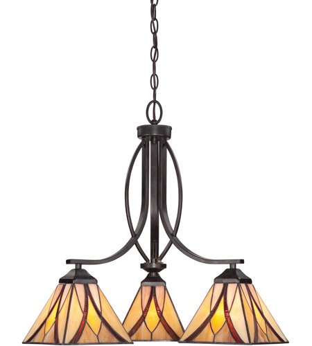 【QUOIZEL】アメリカ・ティファニースタイル・アートガラスシャンデリア「Asheville」3灯 ヴァリアントブロンズ(W584×H572mm)