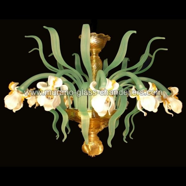 【MURANO GLASS CHANDELIERS】イタリア・ヴェネチアンガラスシーリングライト12灯「IRIS BIANCO」（W1100×H600mm）
