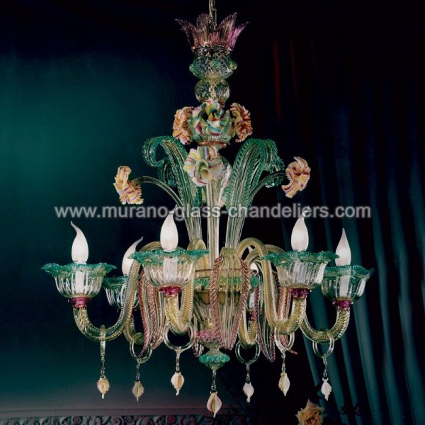 【MURANO GLASS CHANDELIERS】イタリア・ヴェネチアンガラスシャンデリア6灯「SAN MARCUOLA」（W700×H800mm）