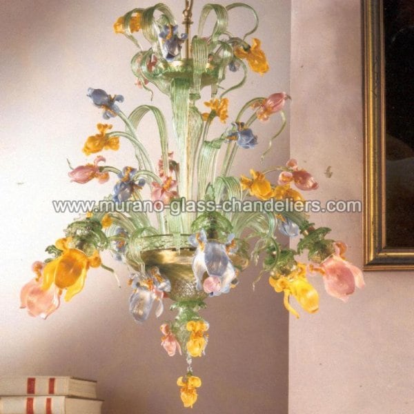 【MURANO GLASS CHANDELIERS】イタリア・ヴェネチアンガラスシャンデリア6灯「VERDE IRIS」（W850×H1100mm）