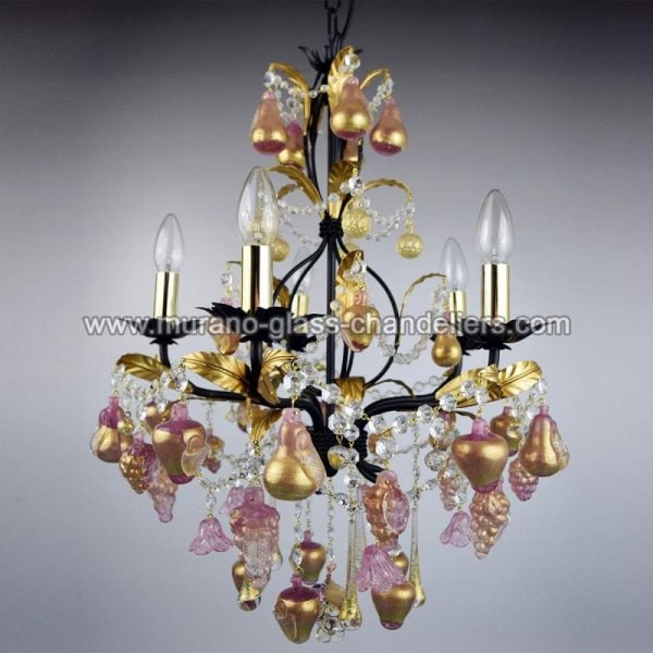 【MURANO GLASS CHANDELIERS】イタリア・ヴェネチアンガラスシャンデリア5灯「GRAPPOLI」（W500×H600mm）