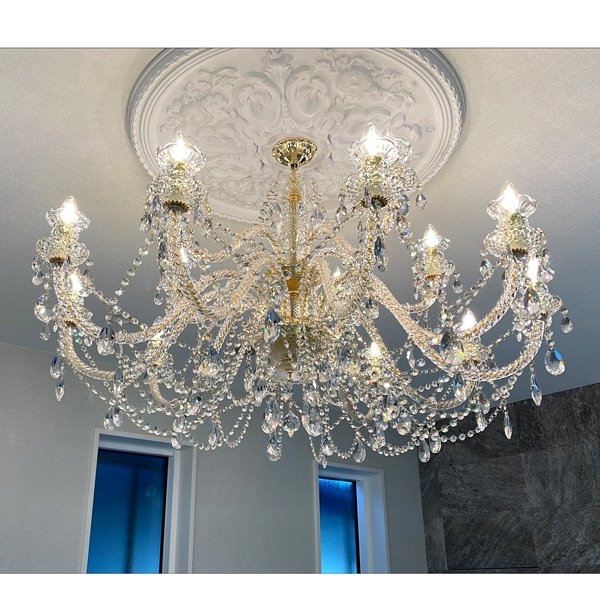 【LA LUCE】特注照明 アスフールクリスタル／チャイニーズクリスタルシャンデリア 15灯 クロームorゴールド(W1200×H600mm)