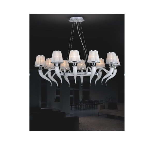 【TSL】＜3台から注文可＞ベネチアンシェードシャンデリア 10灯 ホワイト&クローム(W1050×D790×H750-1200mm)