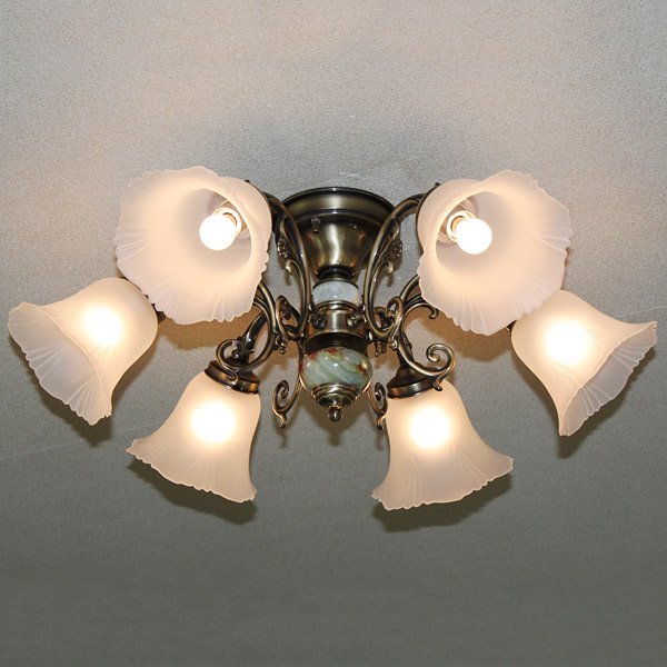 【廃番】スペイン製ガラスシェードシーリングシャンデリア「KIKUII」6灯(W700×H250mm)