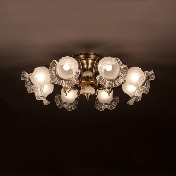 スペイン製ガラスシェードシーリングシャンデリア「KIKU?」8灯(W740×H250mm)