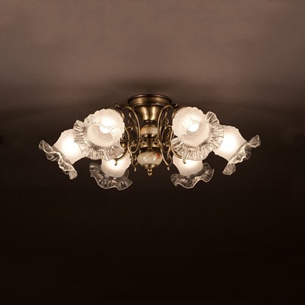 スペイン製ガラスシェードシーリングシャンデリア「KIKUII」6灯(W700×H250mm)