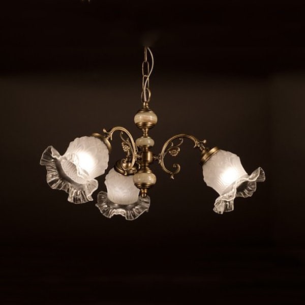 スペイン製ガラスシェードペンダントシャンデリア「KIKUII」3灯(W600