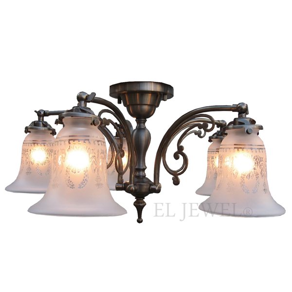 <b>【LAMPS】</b>アンティーク調ガラスシェード・シーリングシャンデリア 5灯(W570×D570×H280mm)