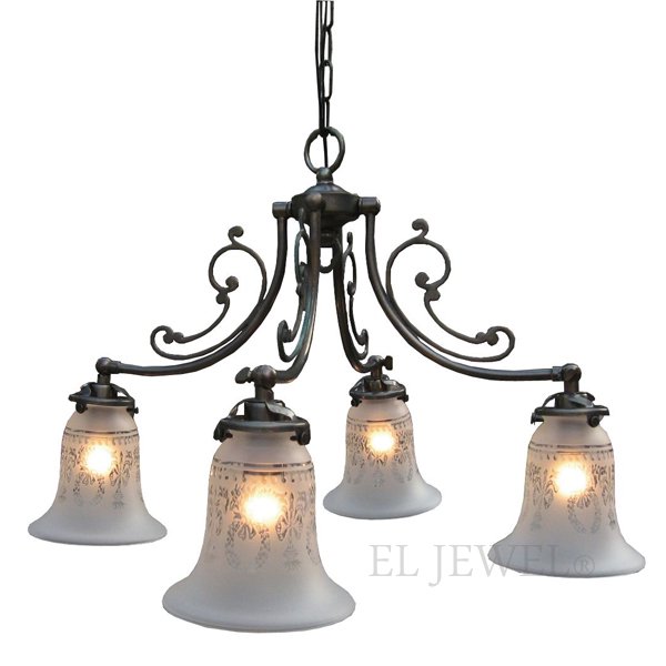 <b>【LAMPS】</b>アンティーク調ガラスシェードシャンデリア 4灯(W440×D440×H370mm)