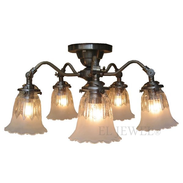 <b>【LAMPS】</b>アンティーク調ガラスシェード・シーリングシャンデリア 5灯(W480×D480×H280mm)