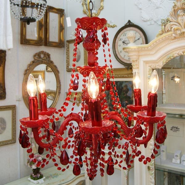 【LA LUCE】クリスタルシャンデリア 6灯 レッド(W550×H600mm)