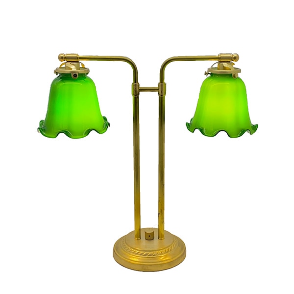 <b>【LAMPS】</b>ガラスシェード テーブルランプ グリーン 2灯（W440×D150×H420mm）