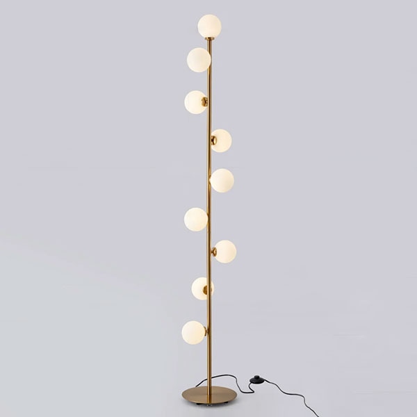 デザイン照明　ガラスボールシェードフロアライト　9灯・ゴールド（φ250×H1640mm）
