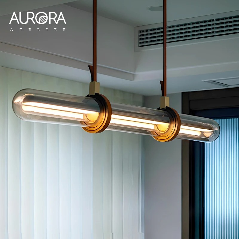 デザイン照明 ペンダントライト「Leather & Glass Linear Pendant」・ブラック（W1300／W1600mm）