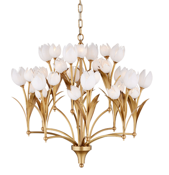 【Currey & Company】アメリカ・デザイン照明 シャンデリア「Glazen Tulpen Chandelier」36灯・アンティークブラス/ホワイト（W902mm×H857mm）