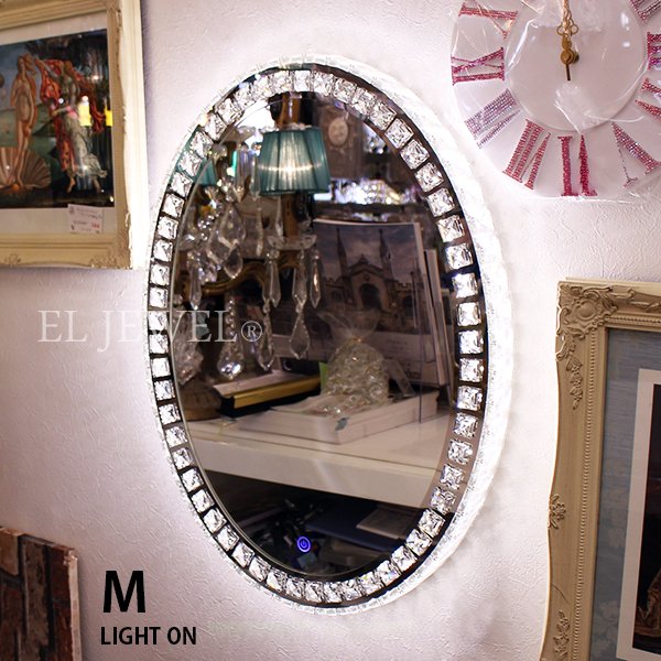 【1台在庫有!】調光可能!キラキラクリスタル♪LEDライト付き女優ミラー♪壁掛け・Mサイズ(W49.5×H64cm)