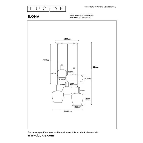 【LUCIDE】ベルギー ペンダントライト「ILONA」Multicolor 5灯（φ650×H1740mm）