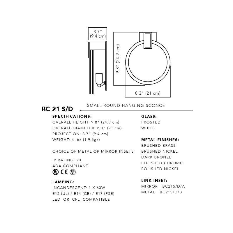 【CL Sterling & Son】アメリカ・デザイン照明 ウォールライト「BROCKWAY」S-Hanging Sconce 1灯(W210×D94×H249mm)