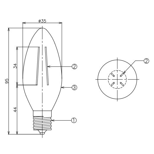【国内メーカー】【LED電球】[Siphon]シャンデリア電球（35W相当）口金E17（φ35x95mm）※調光対応