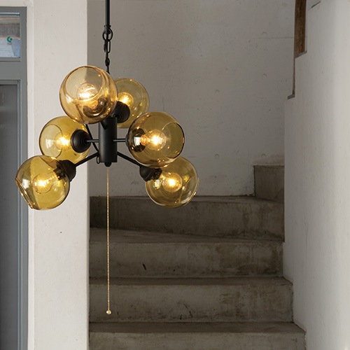 【HERMOSA】ペンダントライト「MOON6」6灯・ブラック×アンバー（W480×H1200mm）