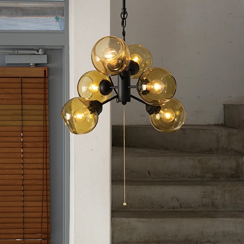 【HERMOSA】ペンダントライト「MOON6」6灯・ブラック×アンバー（W480×H1200mm）