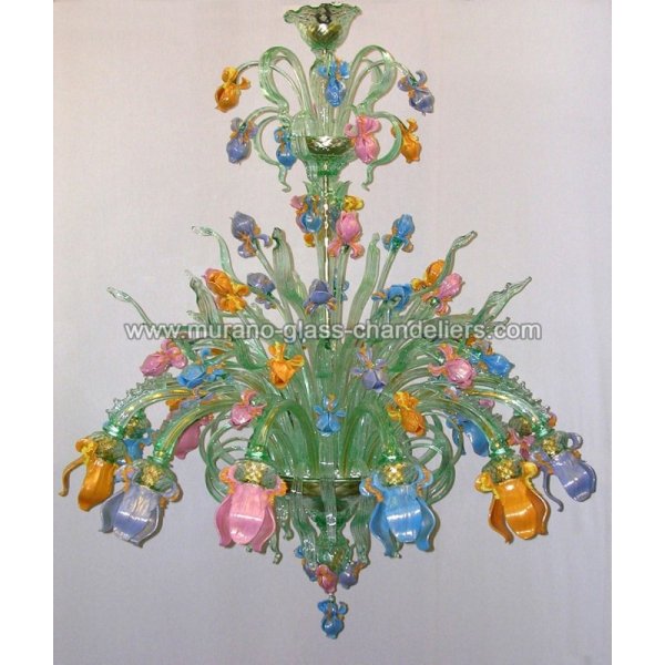 【MURANO GLASS CHANDELIERS】イタリア・ヴェネチアンガラスシャンデリア12灯「IRIS VERDE」（W950×H1250mm）