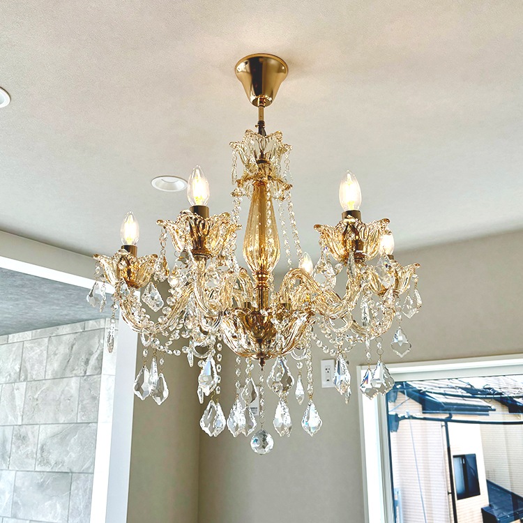 クリスタルシャンデリア 6灯 シャンパンゴールド(W600×H600mm)