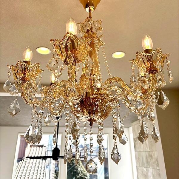 クリスタルシャンデリア 6灯 シャンパンゴールド(W600×H600mm)