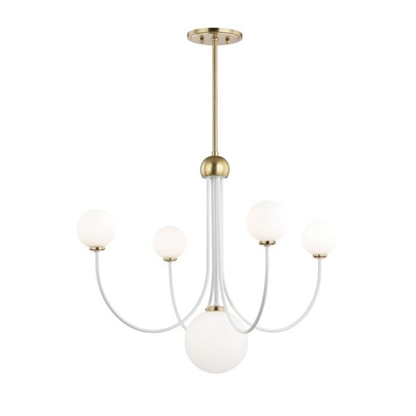 【MITZI】アメリカ・ガラスボールシャンデリア「COCO」5灯・ゴールド×ホワイト（W762.0×H698.5mm）