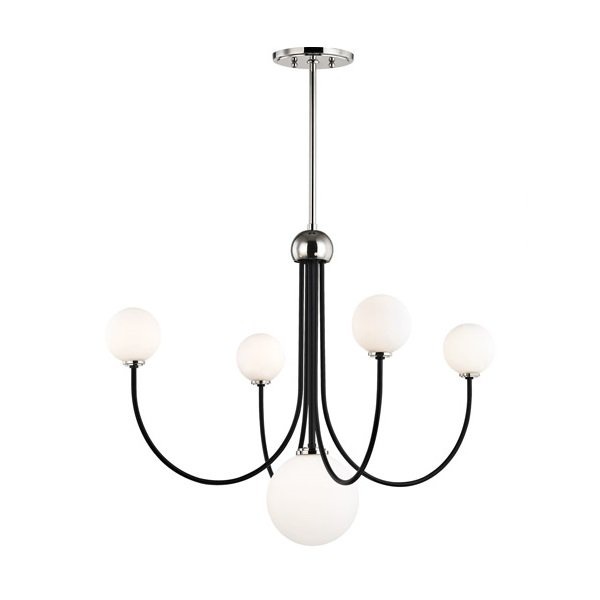 【MITZI】アメリカ・ガラスボールシャンデリア「COCO」5灯・クローム×ブラック（W762.0×H698.5mm）