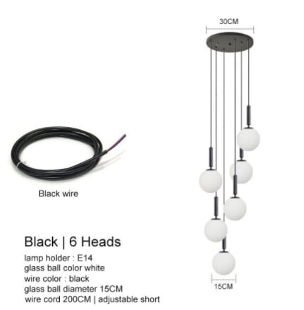 【IANLOV】ガラスシェードペンダントライト 2~6灯 ゴールド/ブラック (Φ150mm )