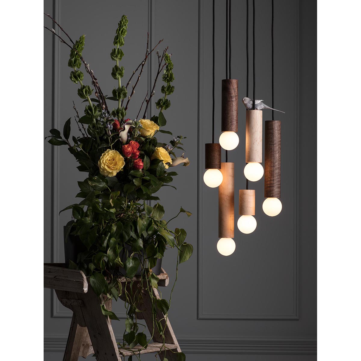 【ALLIED MAKER】 アメリカ・インテリア照明「Wood Cylinder 6」ペンダントライト 6灯 カスタムカラー (W356×D242mm)