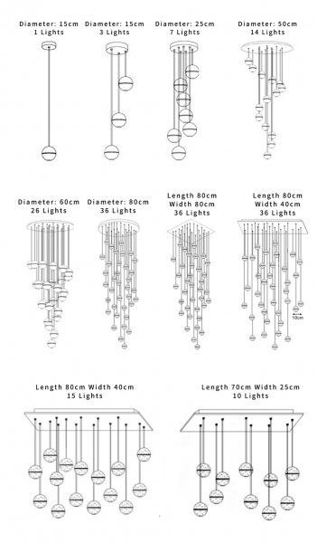 ガラスボールペンダントライト ３／５／7／14／26／36灯 （Φ100～W1100mm）