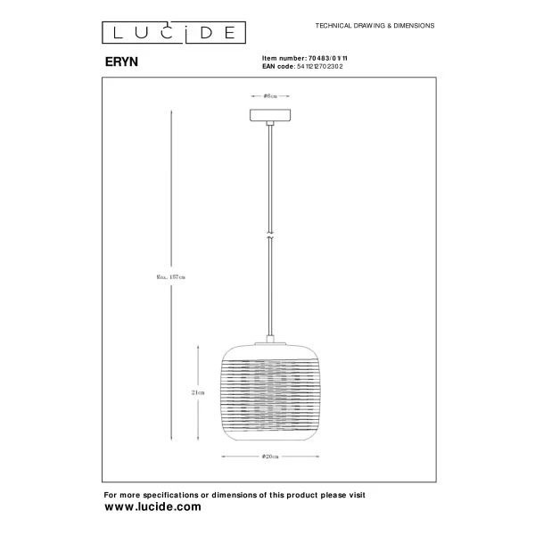 【LUCIDE】ベルギー ペンダントライト「ERYN」Silver 1灯（φ200×H100mm）