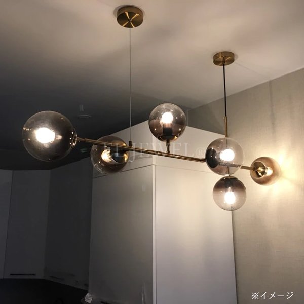 【REBLE】デザインガラスボールシェード照明 6灯 ゴールド/ブラック(W1200×H450mm)