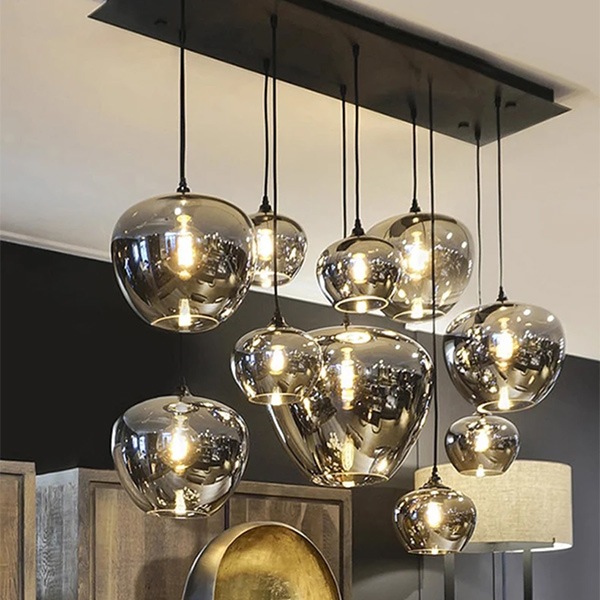 デザイン照明 ガラスシェードペンダントライト ブラック・10灯