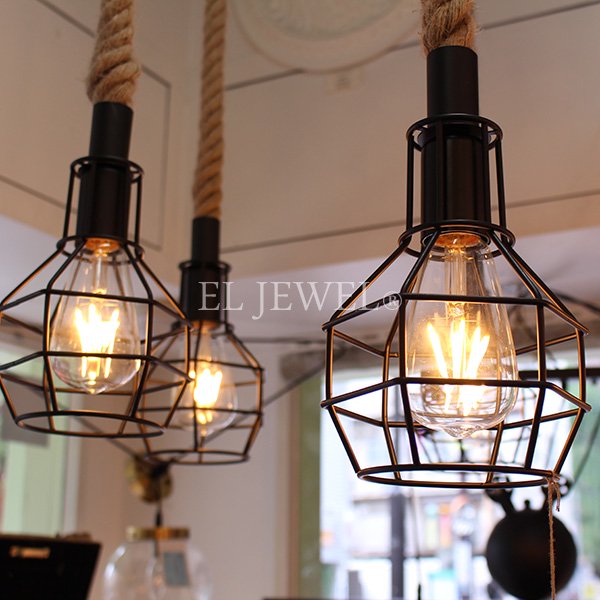 インダストリアル・スタイル照明 ロープ＆ケージランプ 6灯