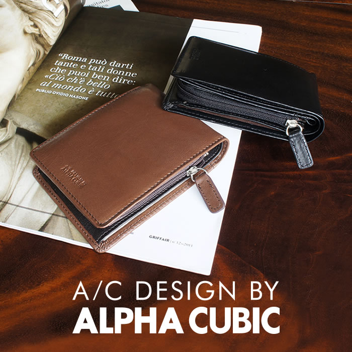 天然牛革を使用したシンプルなメンズベーシックl字ファスナー付き二つ折り財布 Alpha Cubic E Mono イーモノ