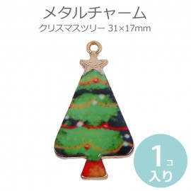 1個入 31×17mm メタルチャーム クリスマスツリー 金メッキ エナメル装飾 / 金属チャーム ペンダントトップ アクセサリーパーツ ハンドメイドパーツ 装飾パーツ 金具 ゴールドカラー クリスマ