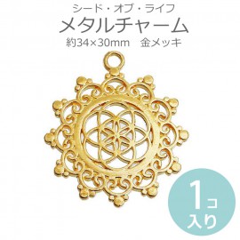 1個入 約34×30mm メタルチャーム シード・オブ・ライフ 金メッキ / ペンダントトップ シードオブライフ SeedOfLife 生命の種子 神聖幾何学 シンボル レース風 ハンドメイド材料 透