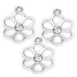 3個入 22mm メタルチャーム お花 ラインストーン付き / ラインストーンチャーム パーツ 花 フラワー モチーフ かわいい ペンダント ブレスレット シルバー ハンドメイド材料【ゆうパケット対応