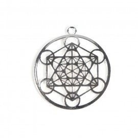 1個入 40mm×44mm メタルチャーム フルーツオブライフ 透かし シルバー / 銀 マカバ瞑想 曼陀羅 mandala 円輪 コスモロジー スピリチュアル 魔法陣 透かし レース模様 装飾パーツ