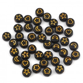 約7mm×3.5mm 50個入 アクリルビーズ フラットラウンド ブラック×ゴールド アソート 穴約1.6mm / スペーサー 黒 金 ミックス MIX  模様 ハート 星 花 月 プラスティック プ