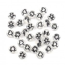 約7mm×3.5mm 50個入 アクリルビーズ フラットラウンド クリア×ブラック アソート 穴約1.6mm / 透明 スペーサー黒 スペーサー ミックス MIX  模様 ハート 星 花 月 プラステ