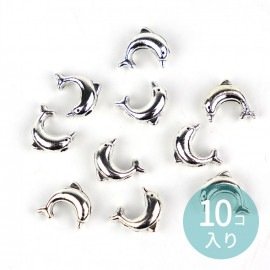 10mm×8mm 10個入 メタルビーズ ジャンプするイルカ シルバー 穴1.5mm / マリンモチーフ 海 夏 サマー ダイビング 波 いるか ドルフィン スペーサー アクセサリーパーツ 銀 銀色 