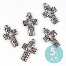 23mm×19mm 5個入 メタルチャーム クロスインクロス 蔓模様 シルバー / 十字架 銀 銀古美 蔦模様 ペンダントトップ ペンダントパーツ メタルパーツ チャーム 飾り ネックレストップ キー