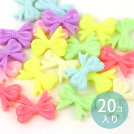 約18mm×14mm アソート20個 アクリルビーズ パステルカラー リボン エレガント 穴約1.5mm / ちょうちょ結び ツヤあり つや有り 可愛い スペーサー  パステル ミックス MIX 不透