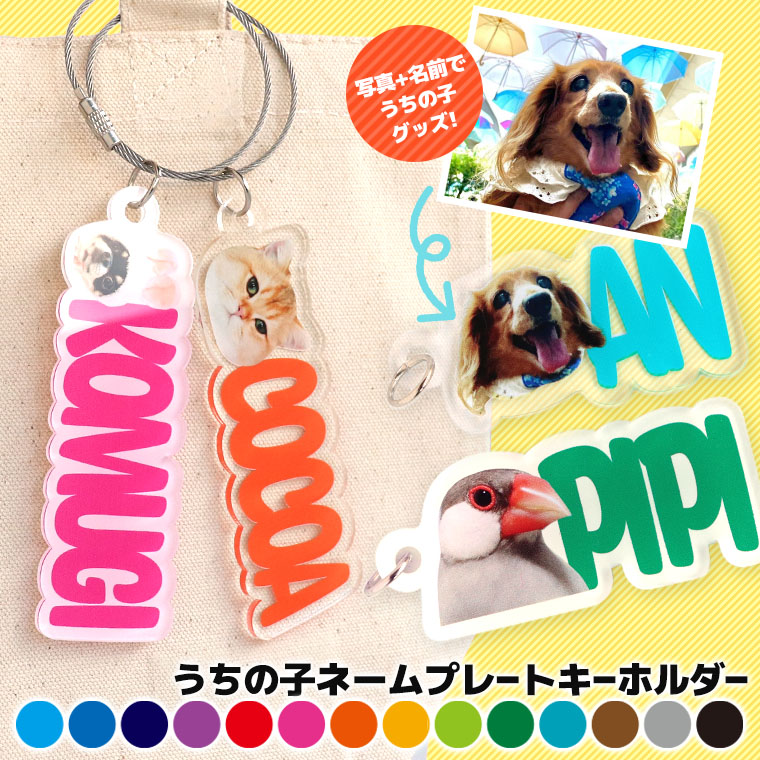 うちの子ネームプレートキーホルダー 70～140mm 厚さ3mm アンシャンテラボ / 名入れキーホルダー アクリル  ペット 家族 子供 顔 犬 猫 うさぎ フォト お祝い 思い出 オリジナルグッズ 飼い プレゼント 写真から プレゼント【ゆうパケット対応】